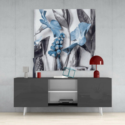 Blue Blooms On Grey Botanical Glass Wall Art