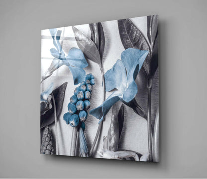 Blue Blooms On Grey Botanical Glass Wall Art