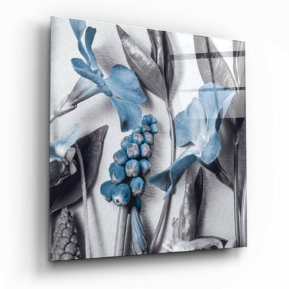 Blue Blooms On Grey Botanical Glass Wall Art