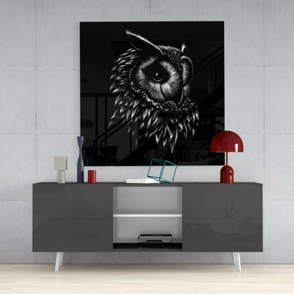 Sketched Owl Portrait Black Glass Wall Art
