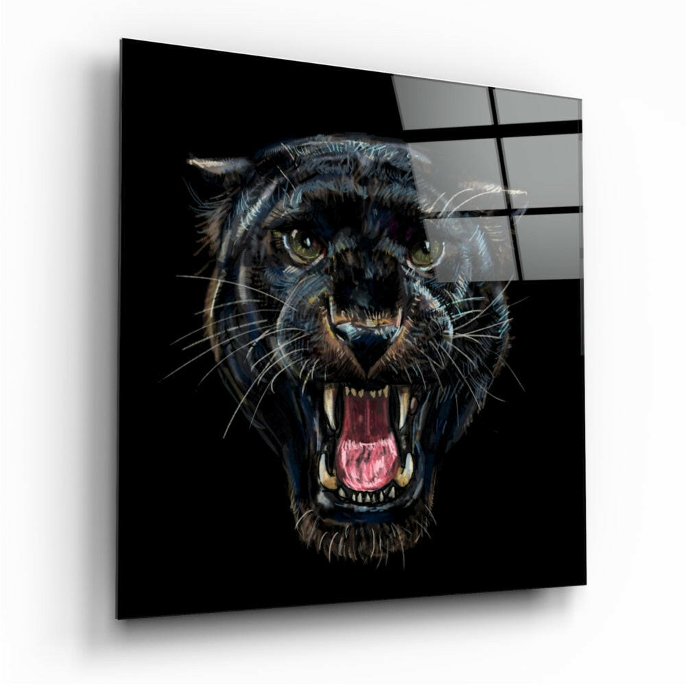 Black jaguar head with open mouth and yellow eyes on dark background, displayed on glass panel with grid overlay.