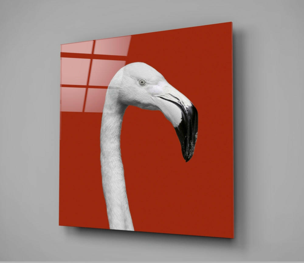White Flamingo Head Red Square Glass Wall Art