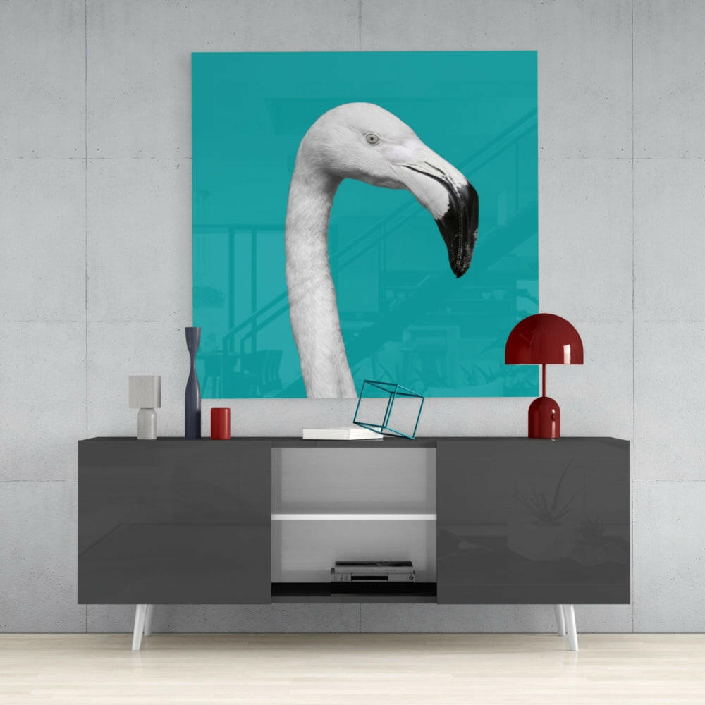 White Flamingo Head Teal Square Glass Wall Art