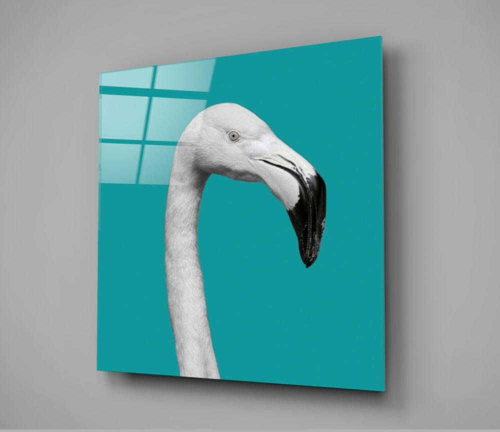 White Flamingo Head Teal Square Glass Wall Art