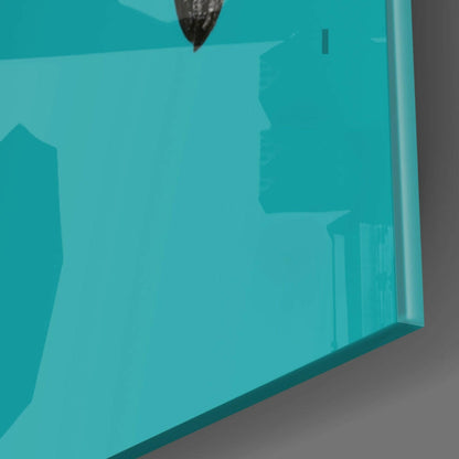 White Flamingo Head Teal Square Glass Wall Art