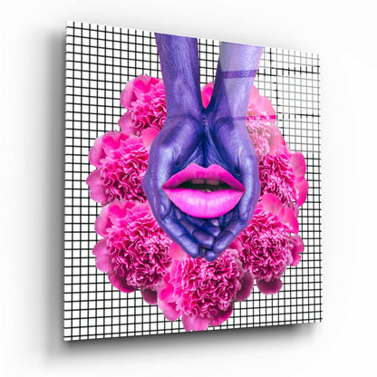 Purple Hands Pink Lips Carnations Glass Wall Art