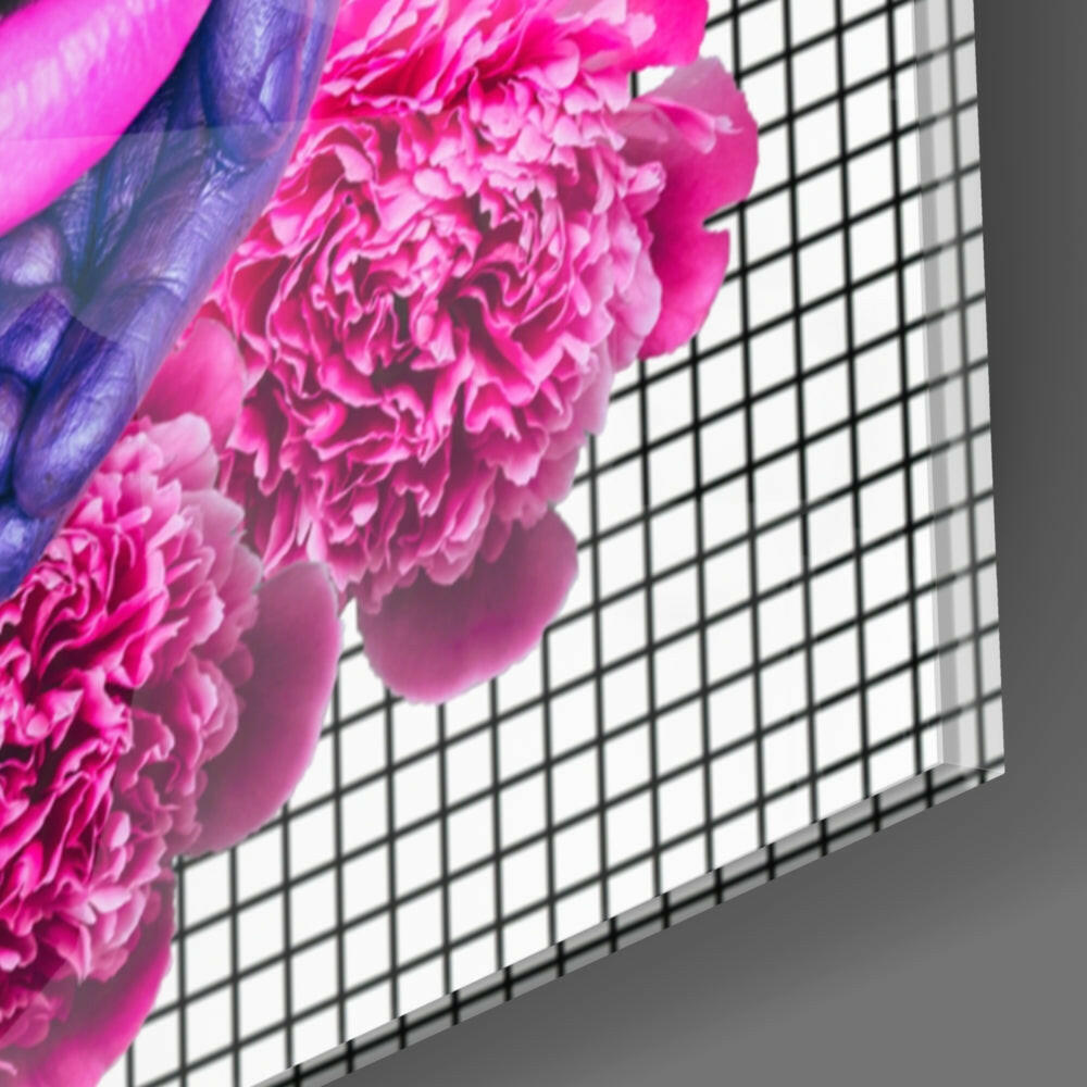 Purple Hands Pink Lips Carnations Glass Wall Art