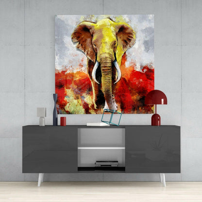 Yellow Elephant Red Field Glass Wall Art