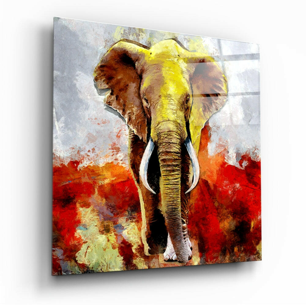 Yellow Elephant Red Field Glass Wall Art