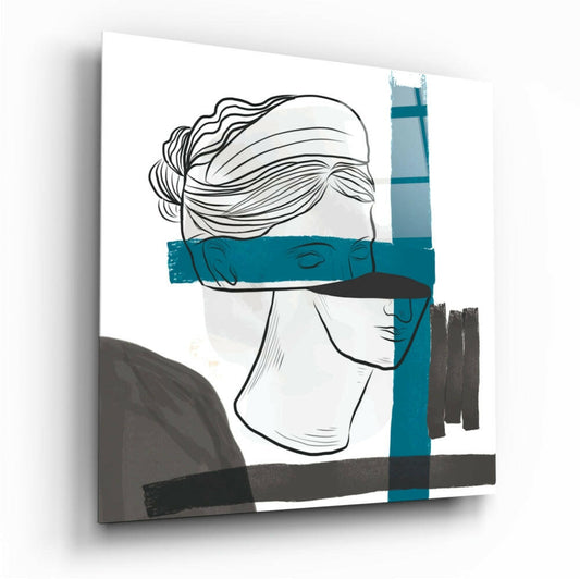Glass wall art depicting a blindfolded female profile with line drawing and teal, gray, and black painted brushstroke accents, angled three-quarter view.