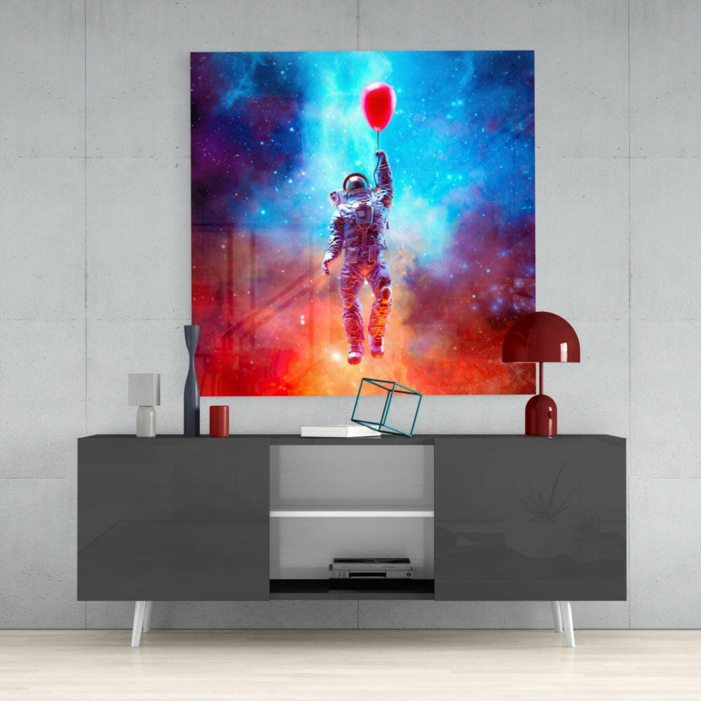 Rising Balloon Astronaut Glass Wall Art