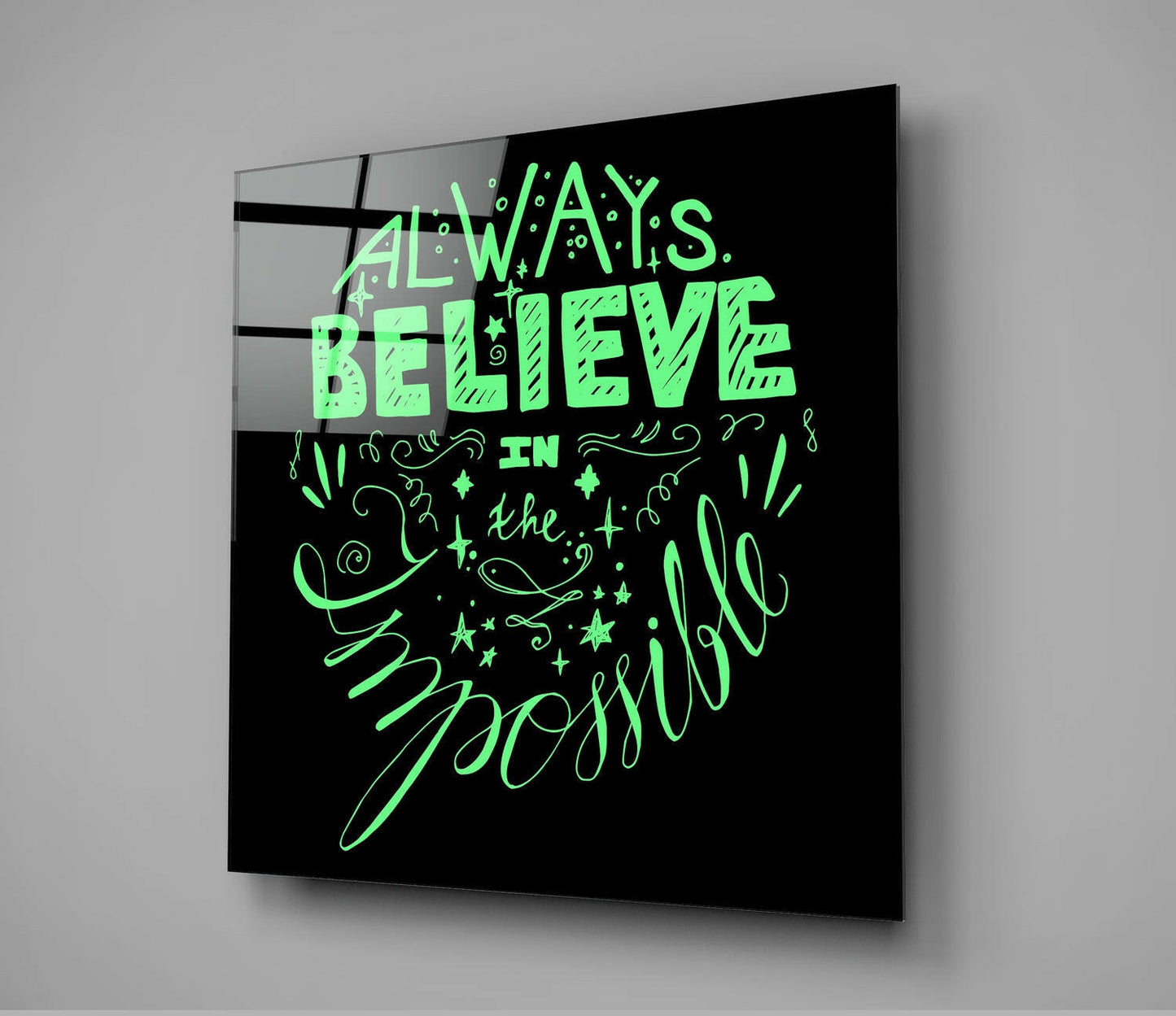 Always Believe Impossible Green Script Glass Wall Art