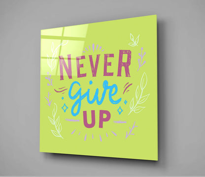 Never Give Up Lime Green Leaves Glass Wall Art