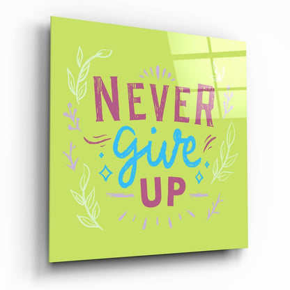 Never Give Up Lime Green Leaves Glass Wall Art