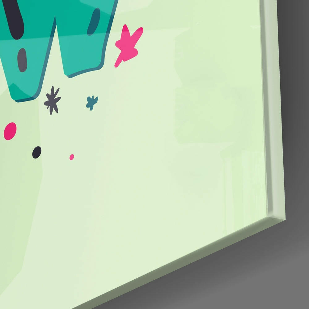 Close-up angled view of turquoise and pink decorative design on pale green glass panel with white edge visible.