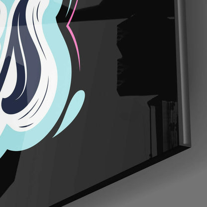 Glass wall art mounted on dark wall showing blue and white flowing hair design with pink accent line, angled view.