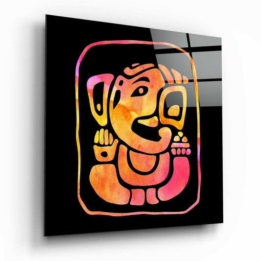 Angled front view of a glass wall art panel featuring a colorful gradient-filled Ganesha figure with black outlines on black background.