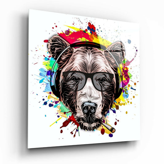 Colorful glass wall art featuring a bearded bear wearing sunglasses and headphones, surrounded by vibrant paint splashes on white background.
