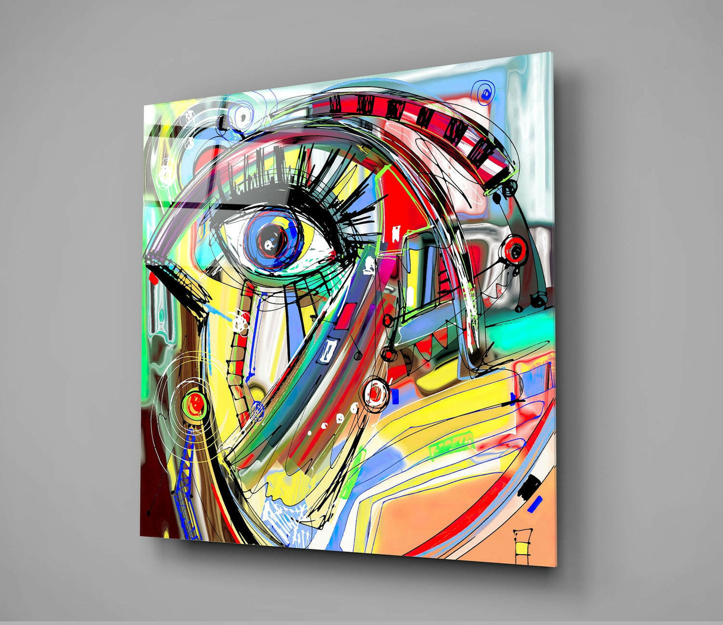 Vibrant Graffiti Eye Doodle Glass Wall Art