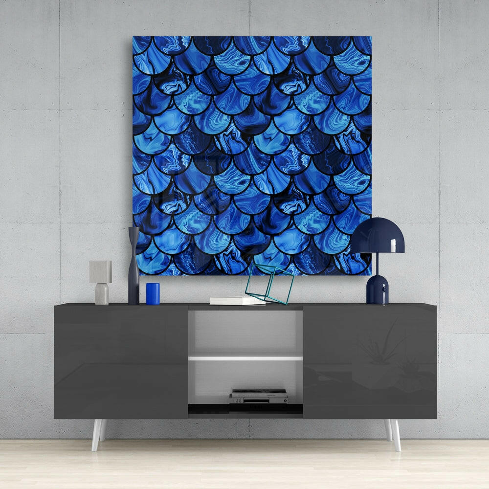Sapphire Blue Fish Scale Pattern Glass Wall Art