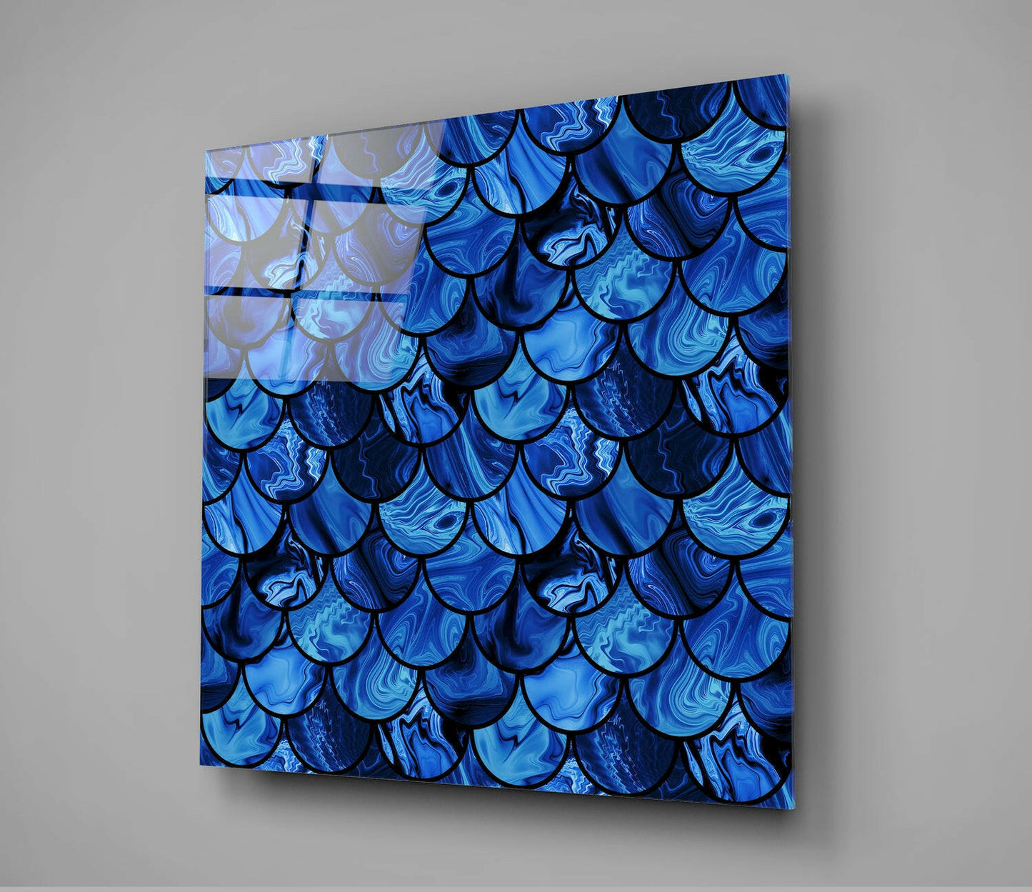 Sapphire Blue Fish Scale Pattern Glass Wall Art