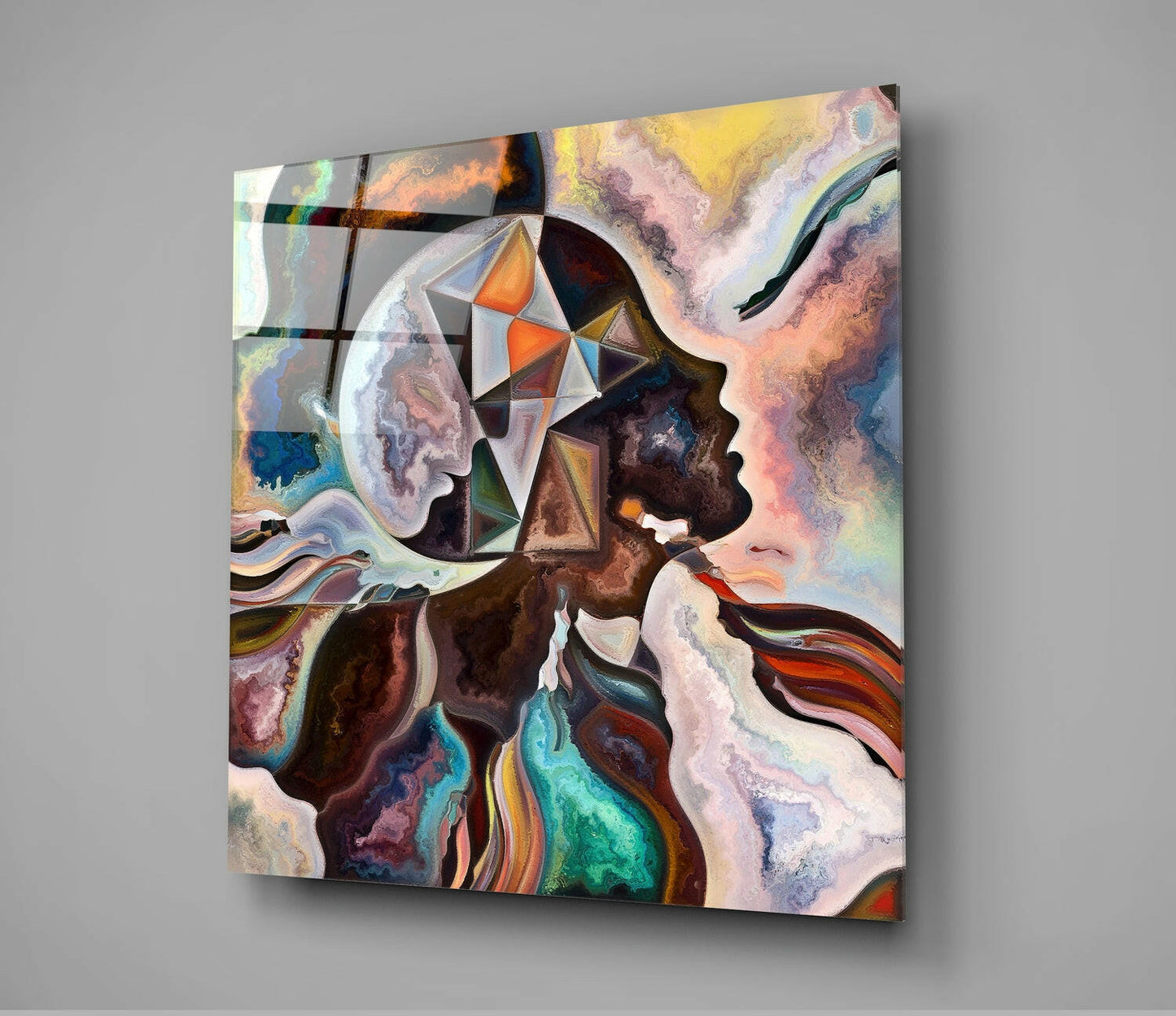 Twin Profiles With Geometric Prisms Glass Wall Art