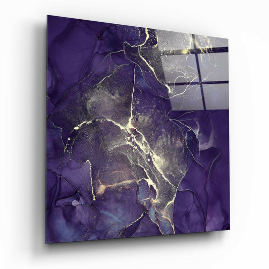 Angled perspective view of purple and gold ink marble glass wall art panel mounted on white background, showing metallic veining detail.