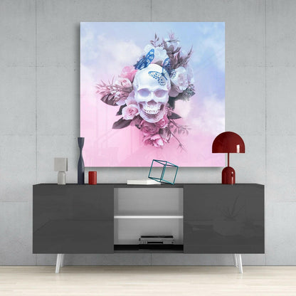 Blue Butterfly Skull Rose Clouds Glass Wall Art
