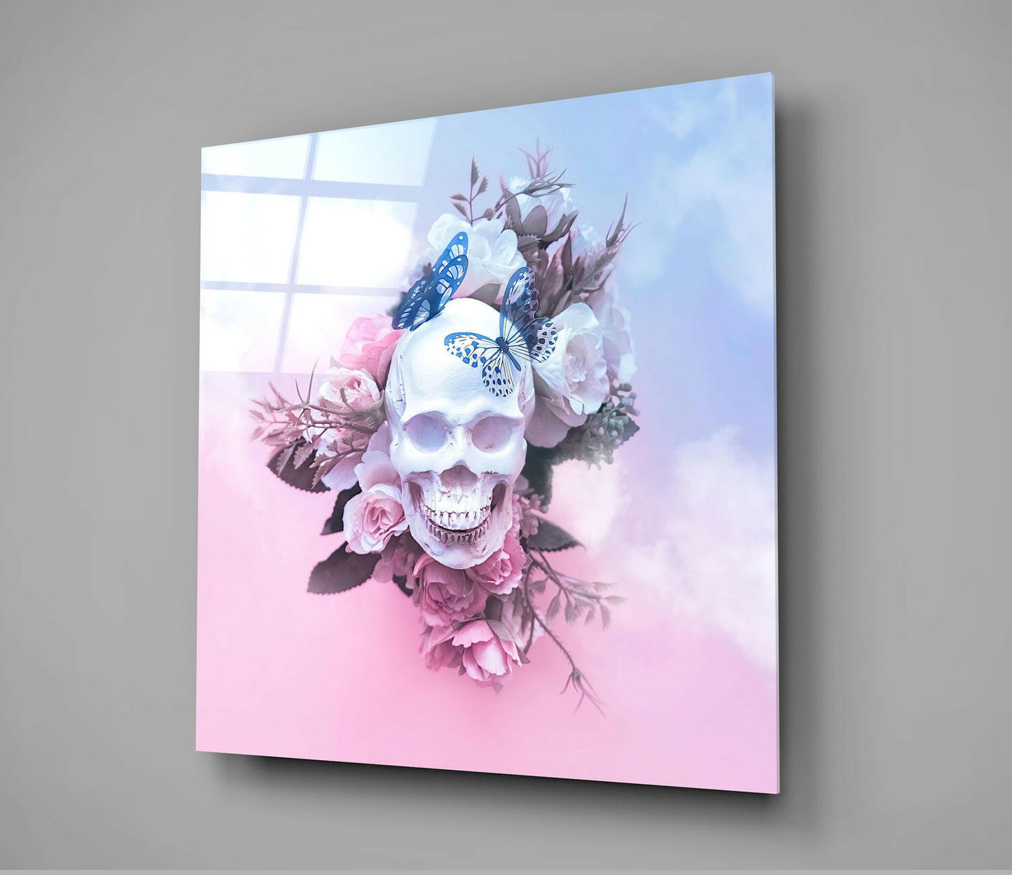 Blue Butterfly Skull Rose Clouds Glass Wall Art