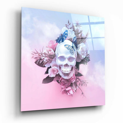 Blue Butterfly Skull Rose Clouds Glass Wall Art