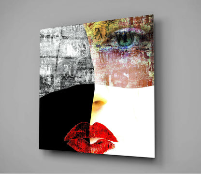 Modern glass wall art featuring red lips and textured graffiti elements in black, white, and multicolored layers.