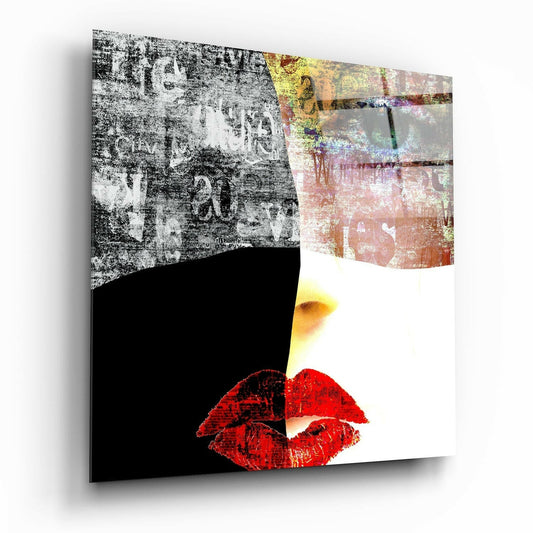 Abstract glass wall art featuring textured grayscale patterns, colorful geometric elements, and bold red lips on white background.