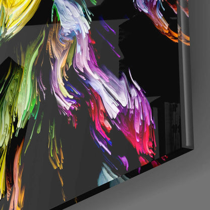 Colorful abstract brushstroke glass panel with vibrant yellows, greens, purples, pinks, and reds displayed at an angle against gray background.