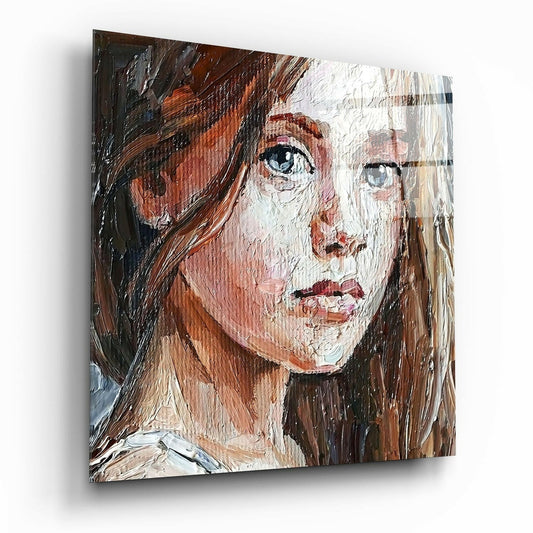 Angled view of glass wall art depicting a portrait of a woman with long brown hair and blue eyes, painted in expressive brushstrokes with warm flesh tones and dark accents.