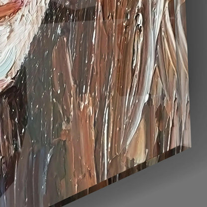 Close-up detail of glass wall art showing layered brushstrokes in brown, tan, white, and grey tones with visible brushwork texture.