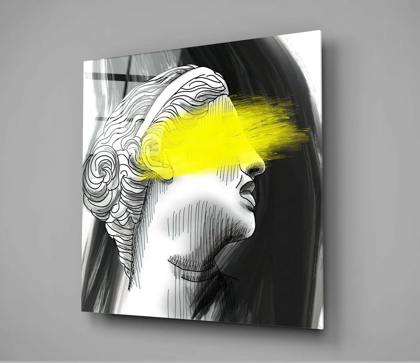 Profile sketch of a man's face with yellow neon overlay across eyes and upper face, mounted on gray wall.
