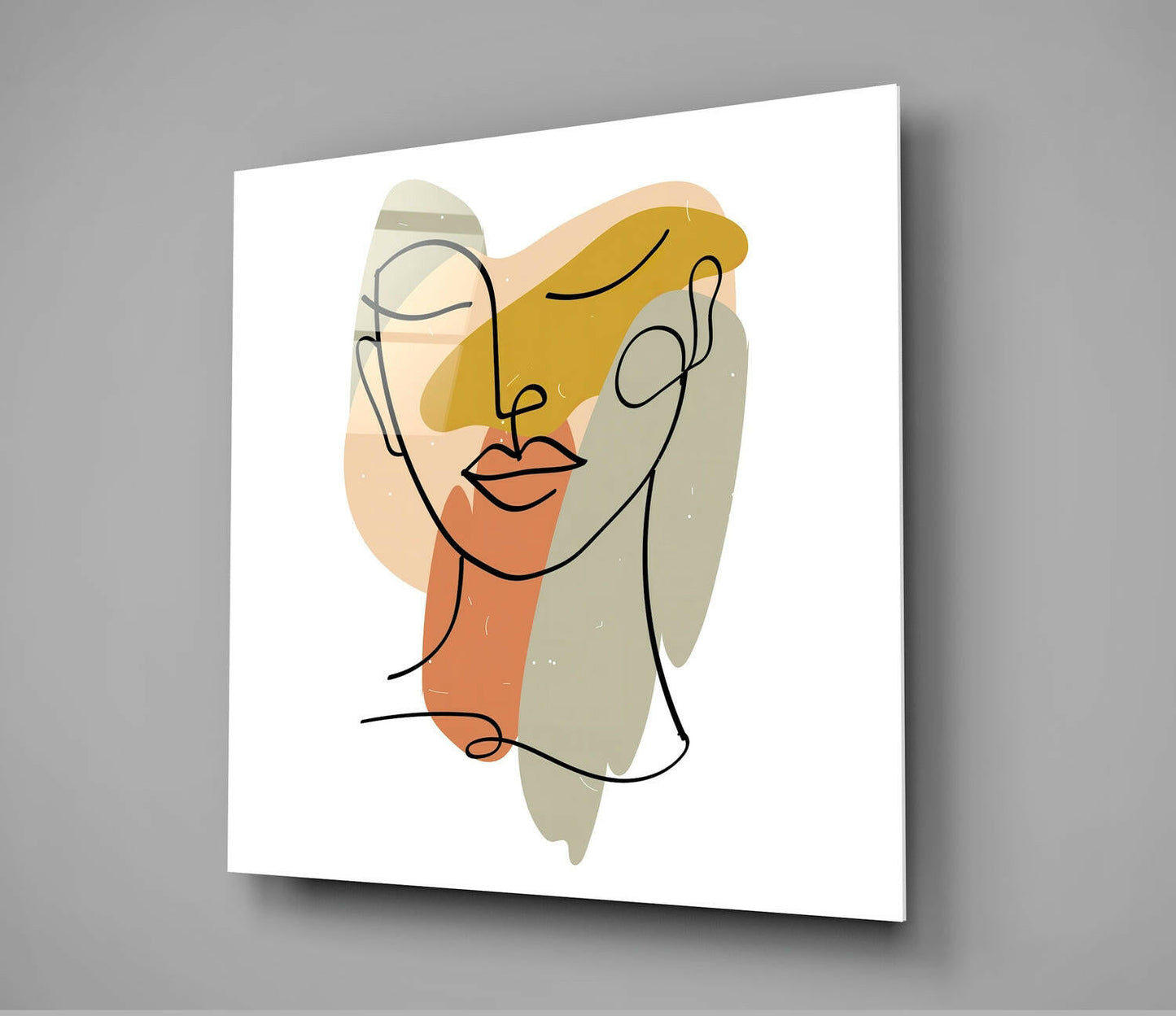 Abstract line art glass wall panel featuring a stylized face with peach, gold, and beige watercolor shapes on white background.
