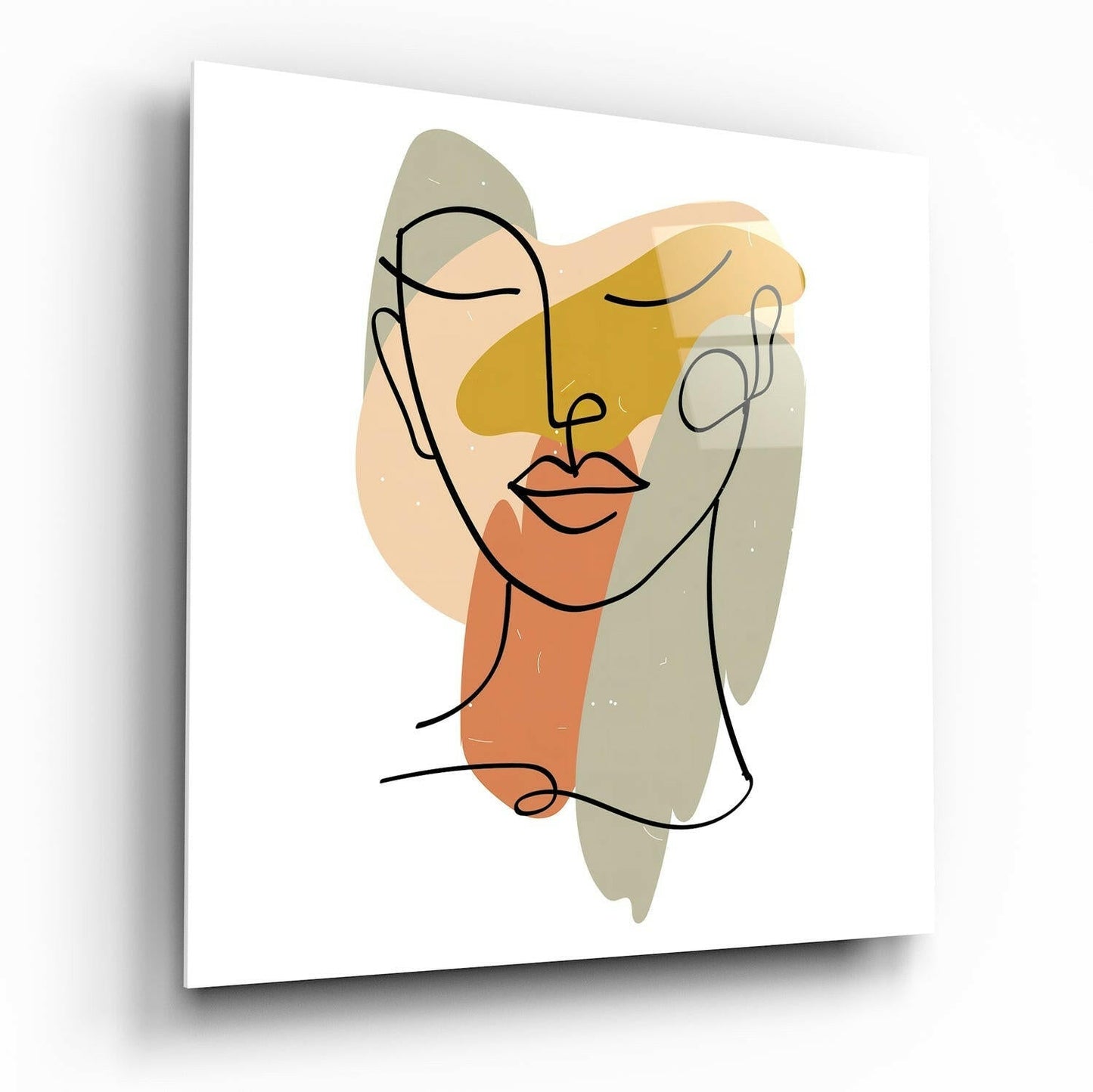 Abstract line drawing of a stylized face with closed eyes and orange lips, overlaid with soft watercolor shapes in gold, peach, and sage green on white glass.