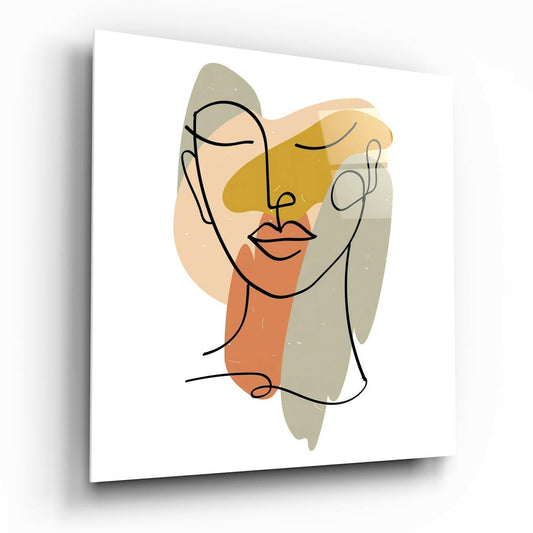 Abstract line drawing of a stylized face with closed eyes and orange lips, overlaid with soft watercolor shapes in gold, peach, and sage green on white glass.