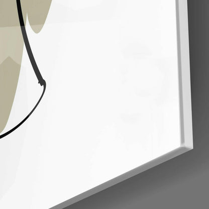 Close-up detail of white frosted glass panel with curved black line accent against neutral wall background.