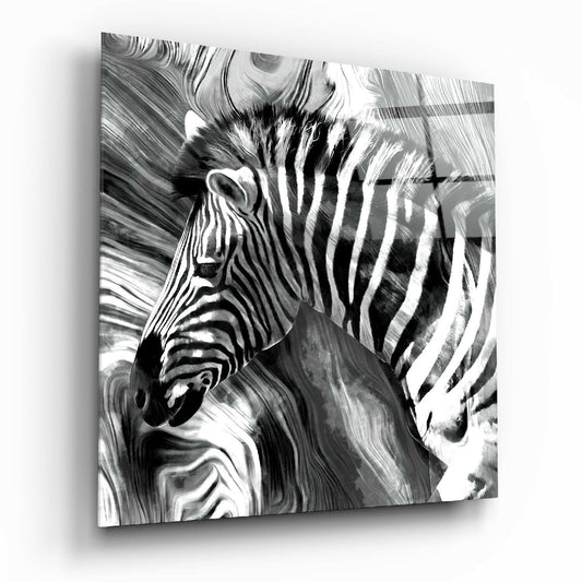 Black and white marbled glass wall art featuring a zebra's head and neck in profile against a swirled background.