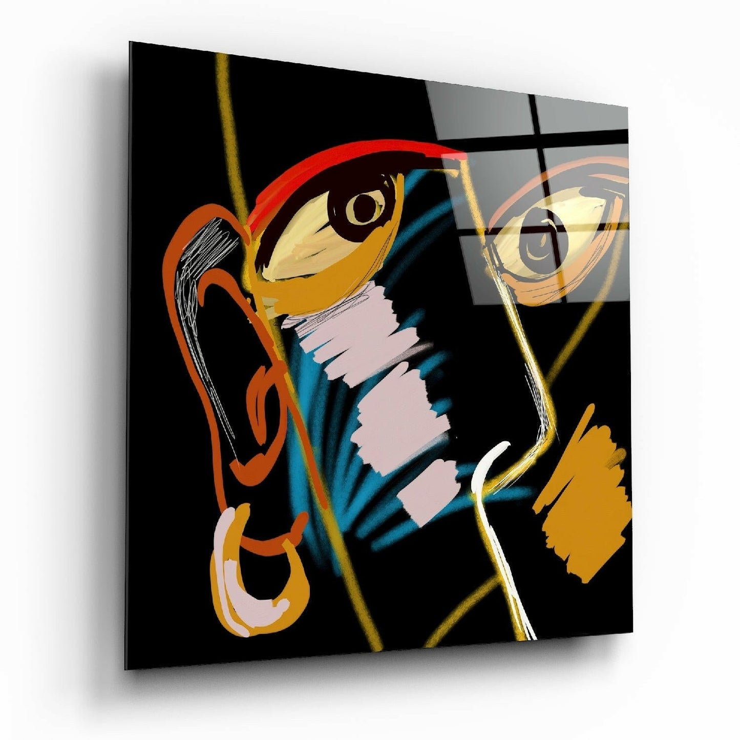 Abstract glass wall art featuring stylized face profile with gold, orange, red, and teal colors on black background, displayed at angle.