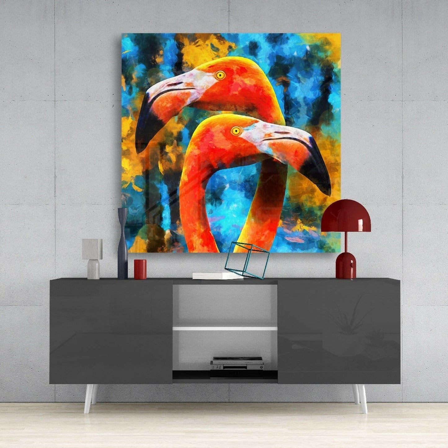 Twin Flamingo Heads On Blue Splash Glass Wall Art