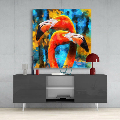 Twin Flamingo Heads On Blue Splash Glass Wall Art