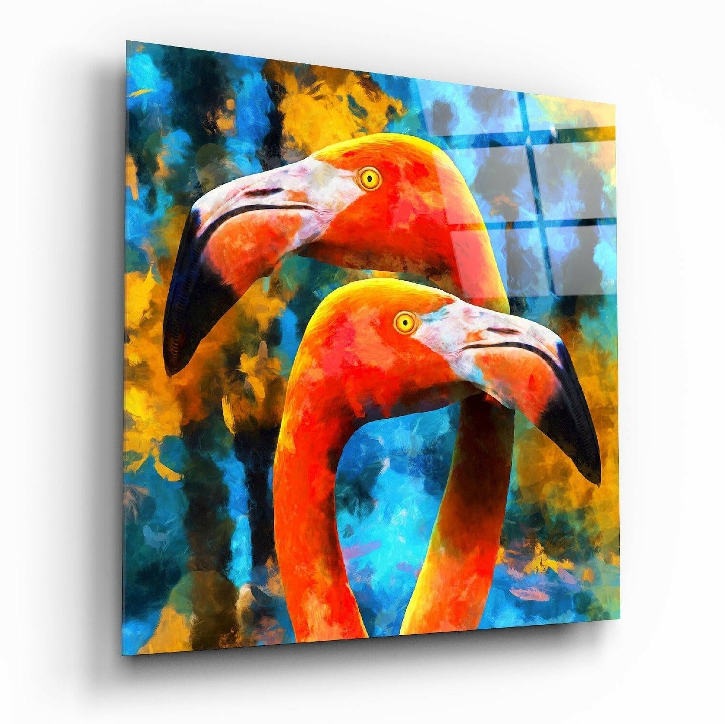 Twin Flamingo Heads On Blue Splash Glass Wall Art