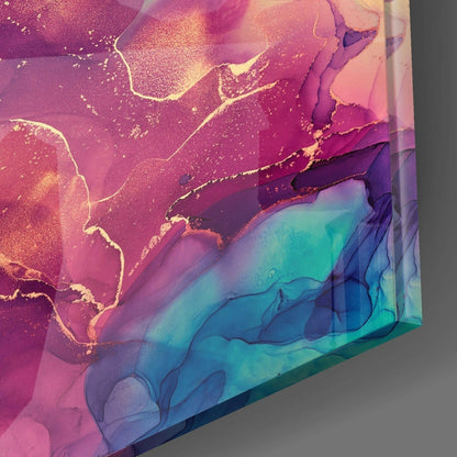 Close-up angled view of glass art with pink, magenta, and turquoise gradient layers and gold accents.