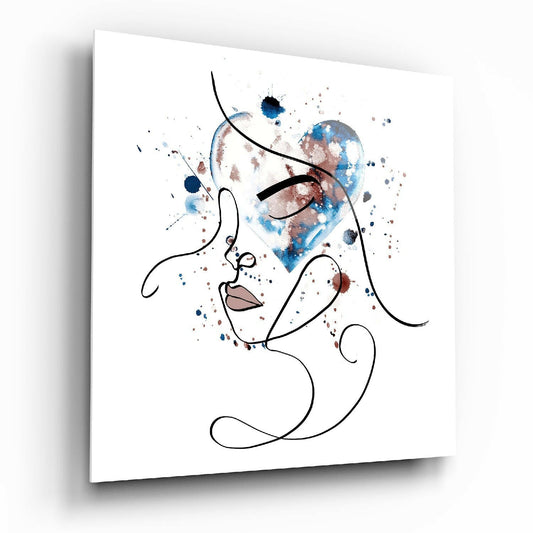 Minimalist line-drawn female profile with watercolor splashes in blue and brown tones on white glass panel.