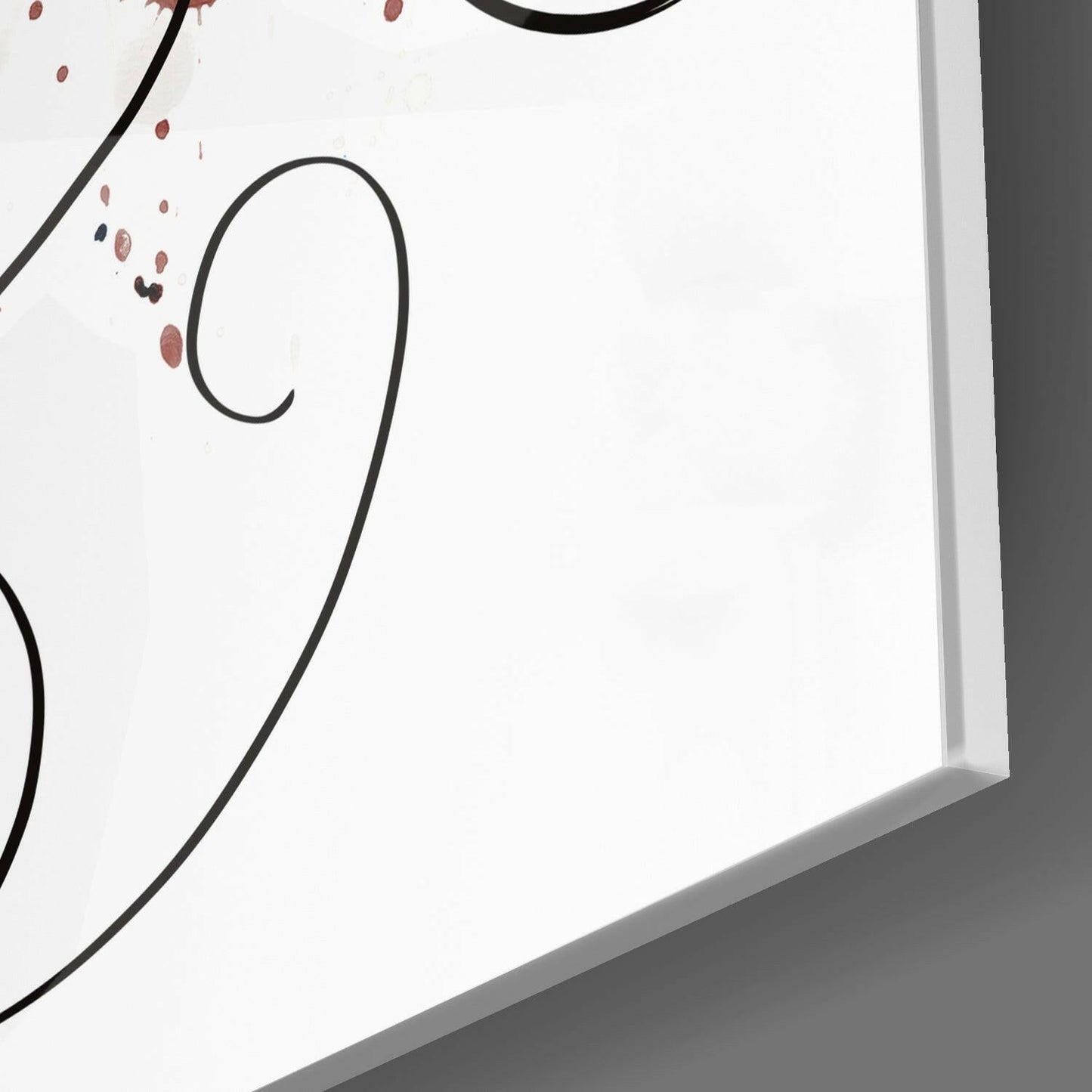Close-up angled view of white glass panel with black curved lines and red dotted accents, showing edge thickness and shadow.