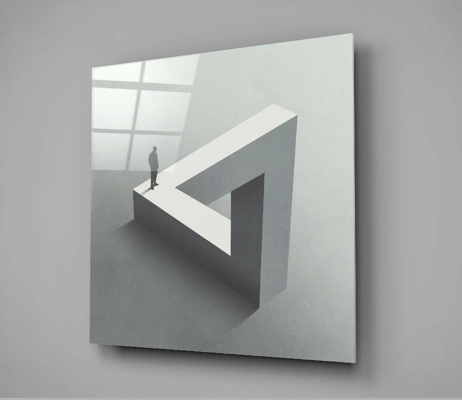 Isometric view of white glass wall art depicting a silhouetted figure standing on a geometric white ledge against gray walls and gridded window.