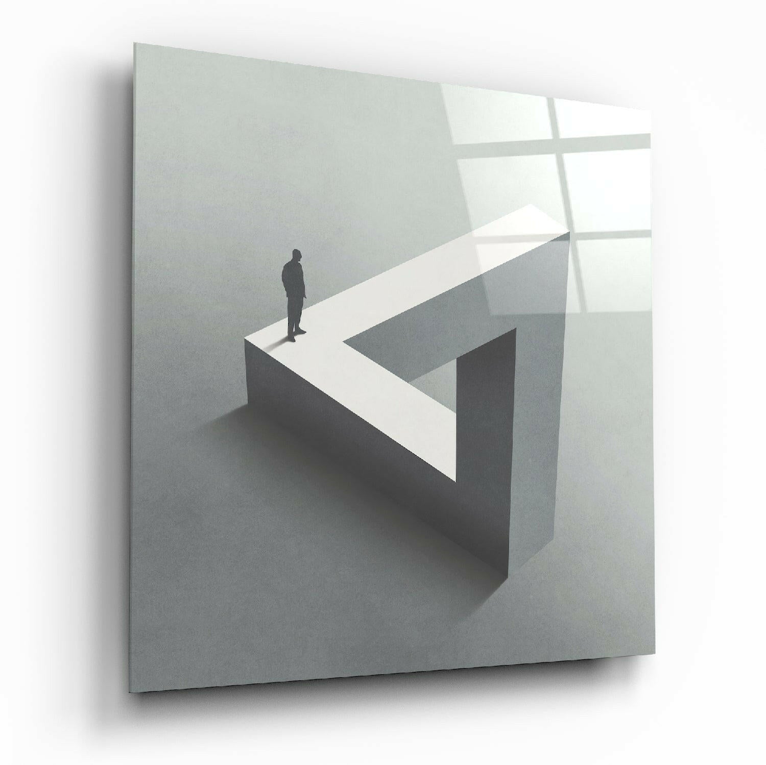 A silhouetted figure stands on a white geometric platform within a minimalist gray and white glass wall art piece, shown in three-quarter perspective view.
